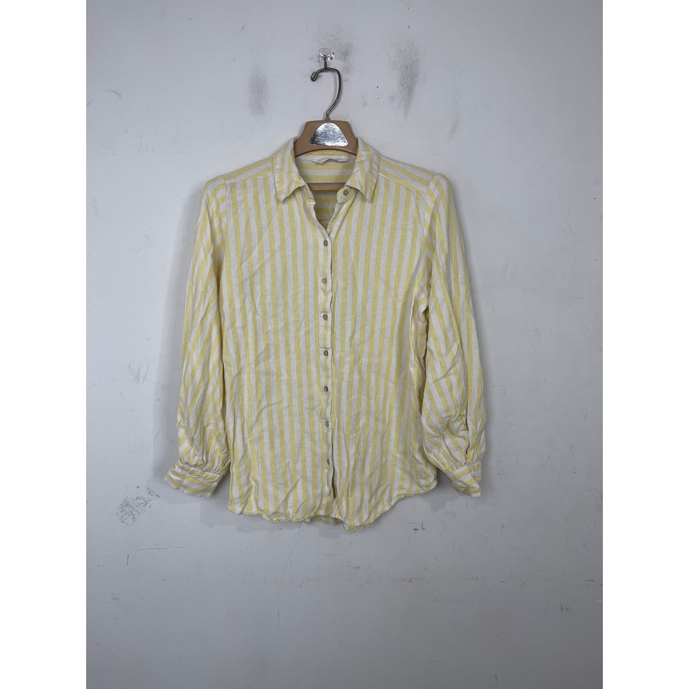 LC Lauren Conrad Yellow White Striped Linen Blend Button Down Shirt Womens Small